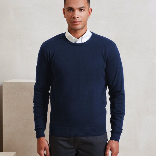 Crew neck cotton-rich knitted sweater Thumbnail